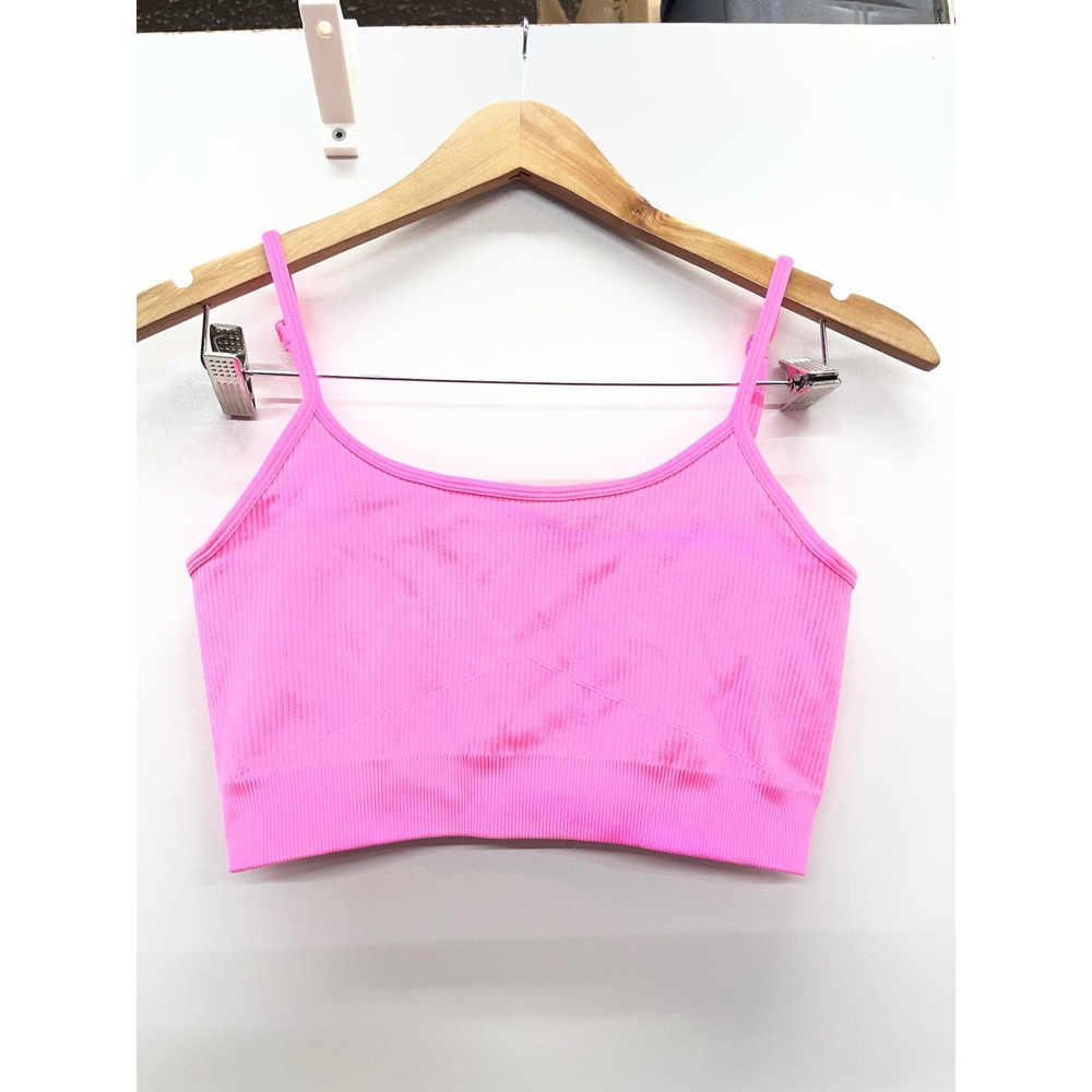 OQQ Womens Seamless Ribbed Sports Bra‎ Neon Pink Adjustable Straps M